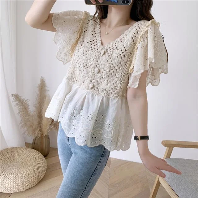 Lace for Girls 2023 Summer Loose Thin Short Sleeve Blouse Blusas Clothes for Women Tops Shirts Blouses