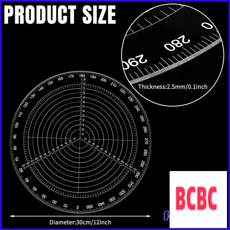 BB-2 ชิ้น 300 มิลลิเมตร 12 นิ้วรอบ Center Finder เข็มทิศอะคริลิคใสเข็มทิศเครื่องมือวาดวงกลม Center Finder