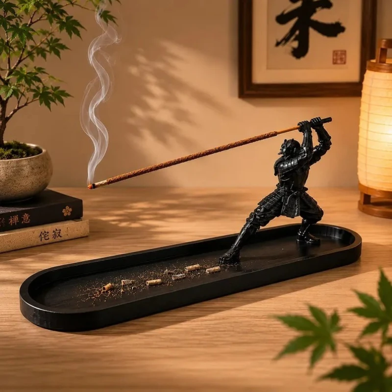 Samurai-Stil Räucherstäbchenhalter mit Aschefänger & Aufbewahrungsfach Yoga Altar Deko Krieger Räucherstäbchenständer