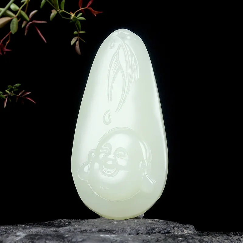 Natural Hotan Jade Laughing Pendant - Maitreya Buddha With A Smiling Face, Symbolizing Peace And Well-Being