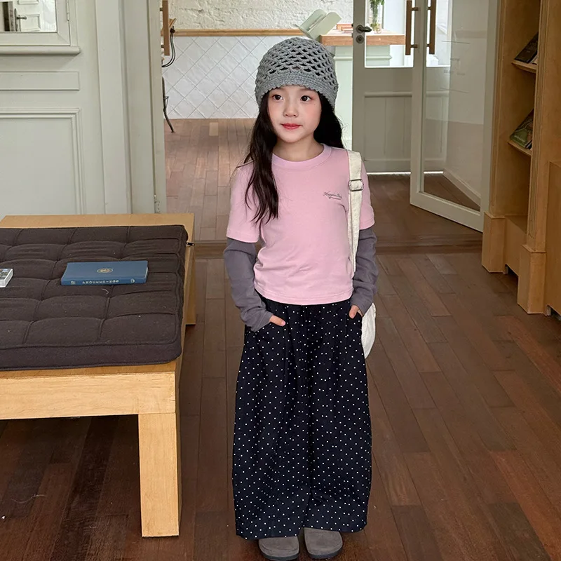 Children Fake Two-piece Contrasting Letter Base Shirt for Girls Fashionable Back Printed Slim Fit Girl T-shirt