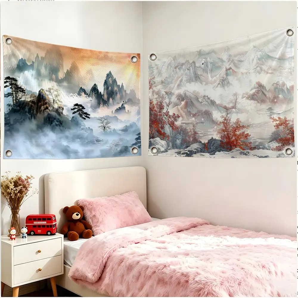 Tranquil Ink-wash Chinese Landscape Flags Borderless Four Ring Ornament Indoor Outdoor Decoration Quick Hang Install