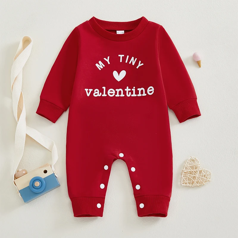Baby Valentine s Day Romper Letter Heart Print Long Sleeve Crew Neck Full Length Jumpsuit