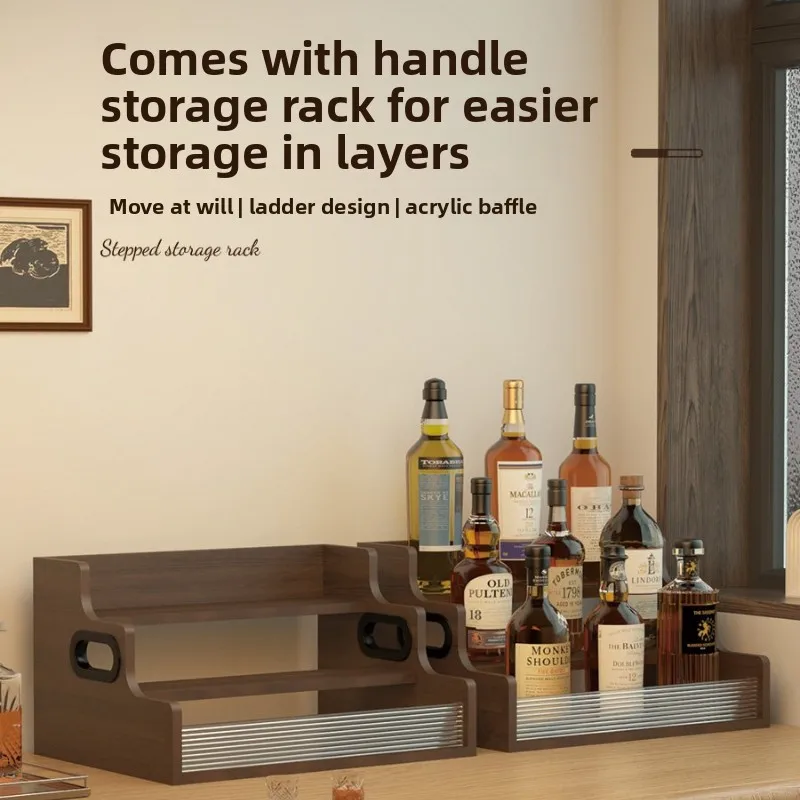Nordic Style Wooden Wine Rack Desktop Display Stand with Handle Tiered Liquor Organizer Easy-to-Clean Mini Cabinet for Home Bar