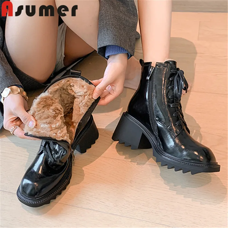 

ASUMER 2024 New Narrow Band Genuine Leather Wool Snow Women Boots Ladies Square High Heels Shoes Platform Winter Ankle Boots