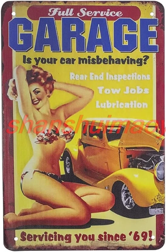 Treasure Gurus 8x12 Funny Metal Full Service Garage Car Girl Retro Wall Sign Novelty Mechanic Man Cave Shop Decor sign