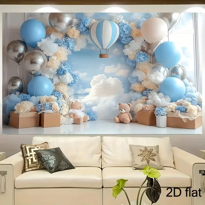 1PCS Digital Print Tapestry, Baby Boy Blue Balloon Arch Hot Air Balloon Teddy Bear Gift Boxes, Cute 3D Baby Shower Birthday Part