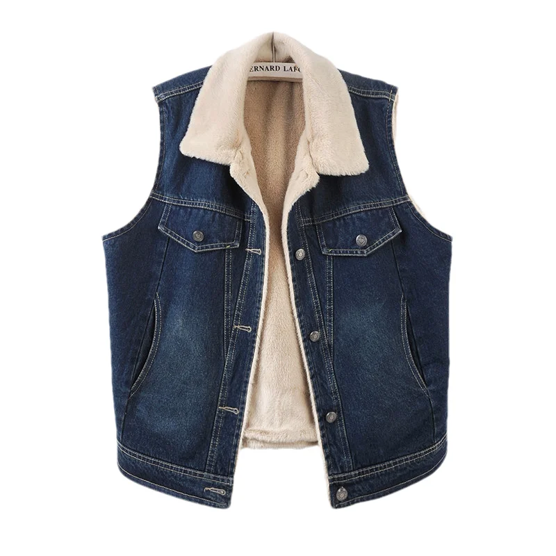 Autumn Winter Women Vintage Blue Short Jeans Vest Warm Faux Lambswool Liner Lapel Sleeveless Denim Coat Female Cowboy Waistcoat