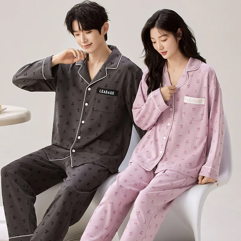 Couple Cotton Sleepwear Set Womens Nightwear Pijama Autumn Cardigan Pyjamas Set Men's Pajamas Long Loungewear for Lovers