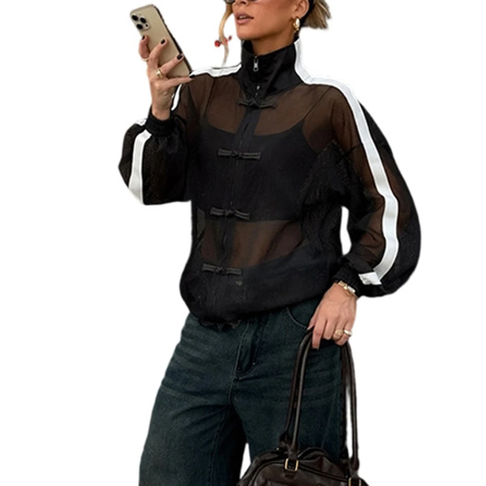 Women Chinese Style Frog Button Sheer Mesh Jacket Stand Collar Striped Long Sleeve Perspective Streetwear Cardigan