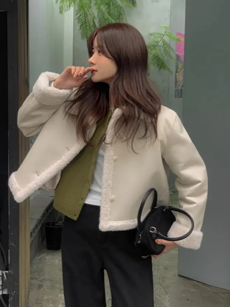 ريترو طوق بولي Leather الجلود Jaet المرأة الشتاء على الوجهين ارتداء فرو الضأن ort أعلى لصق Sle الكورية Faion ملابس خارجية