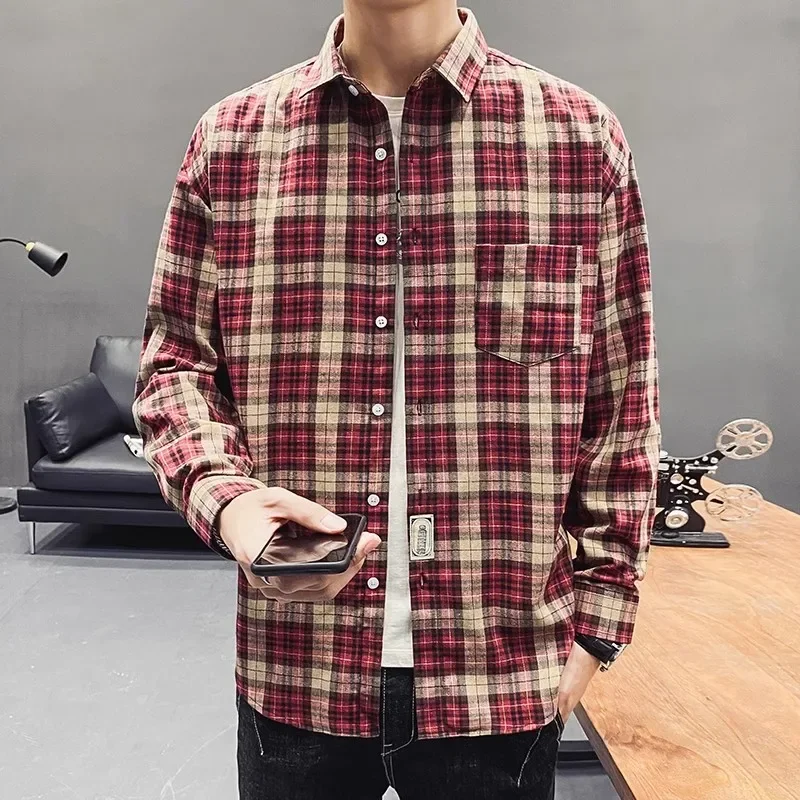 Men Plaid Shirt Flannel Long Sleeve Stripe Shirts Street Pocket Japan Cotton Loose Slim Fit Male Casual Soft Tuxedo Formal Shirt