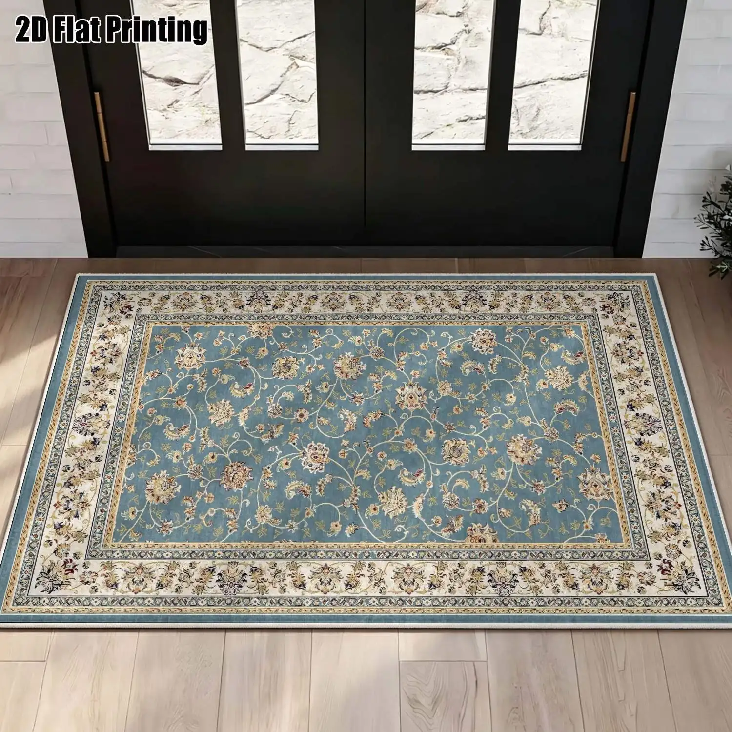 1Pc 2D Printed Blue Floral Velvet Carpet, Machine Washable, Multi-Size Home Decor Rug for Living Room, Bedroom, Dining Room, Entrance, Study