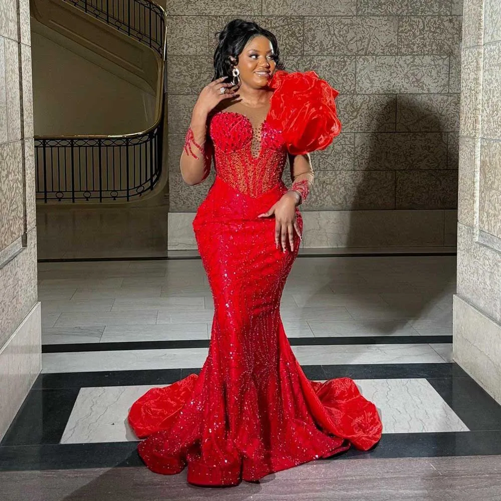 Glitter Beaded Lace African Wedding Reception Dress Asoebi Red Mermaid Formal Party Dresses with Ruffled Flower Black Women Gown