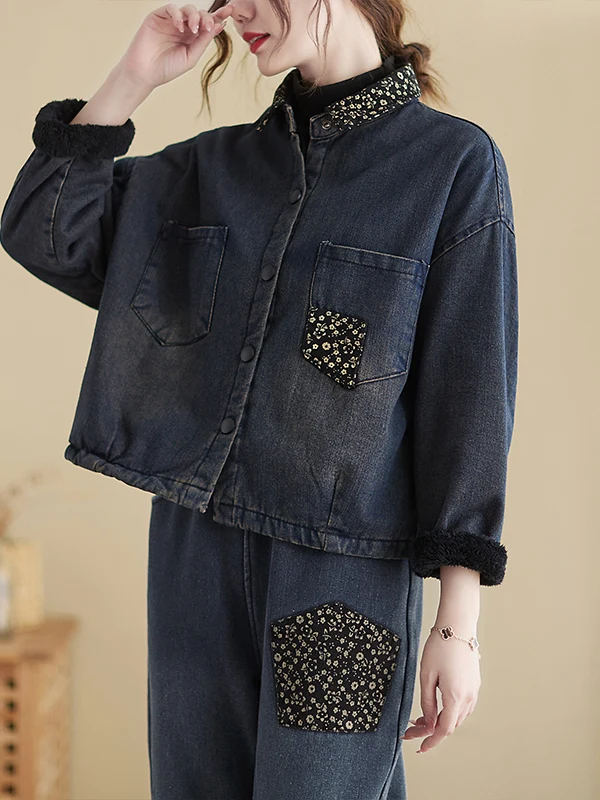 

Джинсовая куртка с флисовой подкладкой, свободного кроя, больших размеров, с эффектом похудения, с длинными рукавами, теплая, хлопковая, верхняя одежда для женщин больших размеров