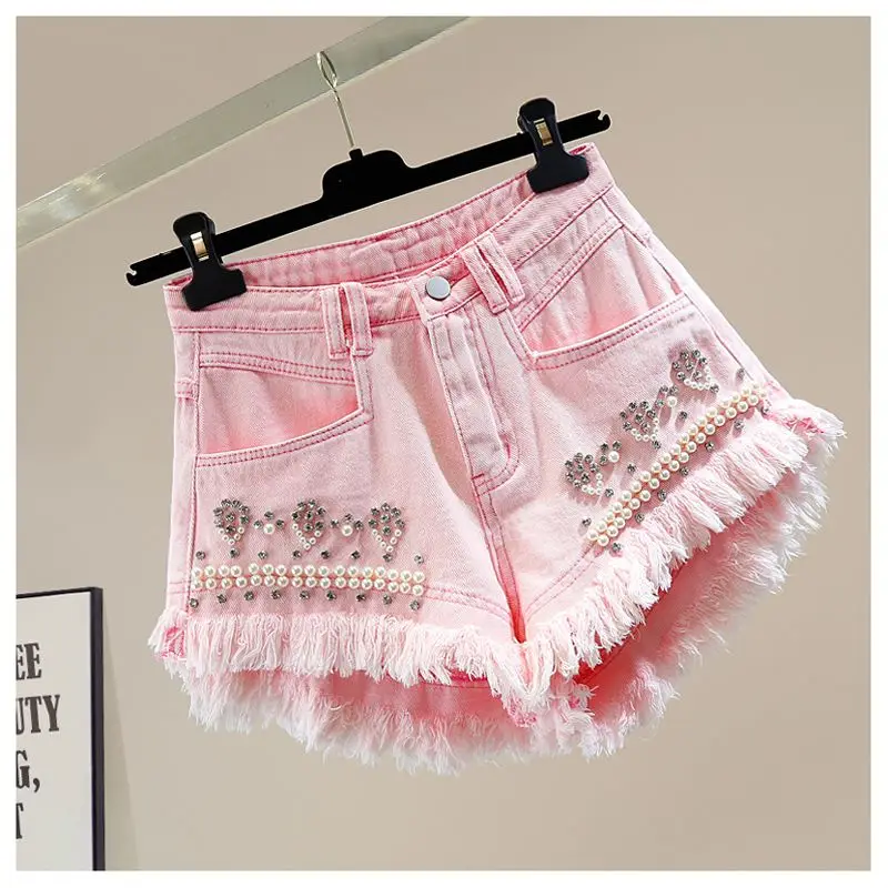 

2024 Summer Short Jeans Women Beaded Diamond Irregular Rag Wide Leg Sexy A- Line High Waist Slimming Female Shorts