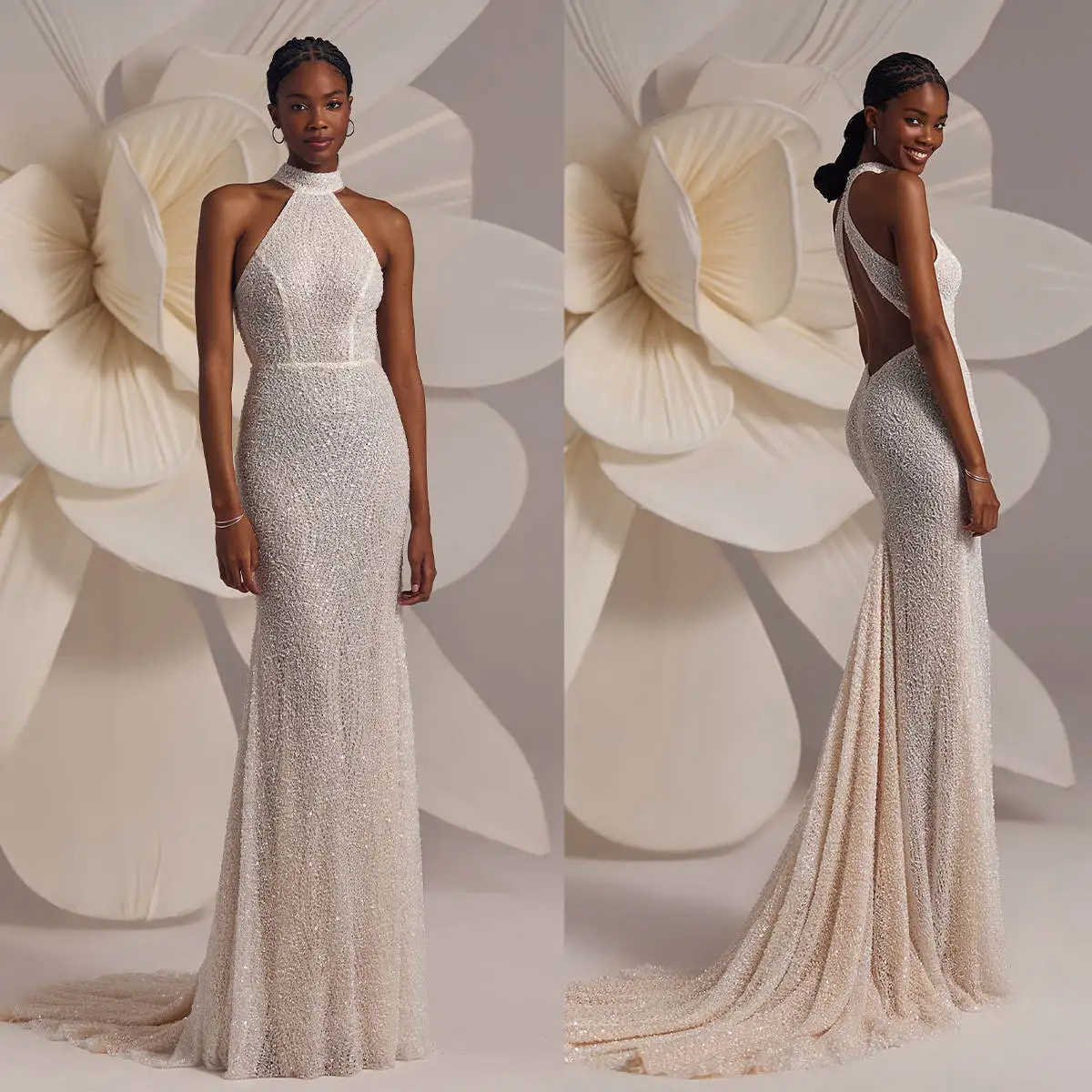 

Modern Mermaid Wedding Dresses Halter Sleeveless Shiny Beading Lace Bridal Gown Sweep Train Vestido De Noiva Customized