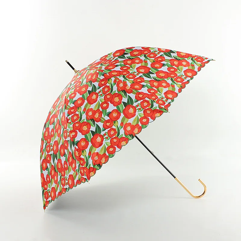 Summer Umbrella Rain Women Elegant Floral Flower Luxury Curved Handle Long Umbrella UV Protection Travel Golf Sun Umbrellas