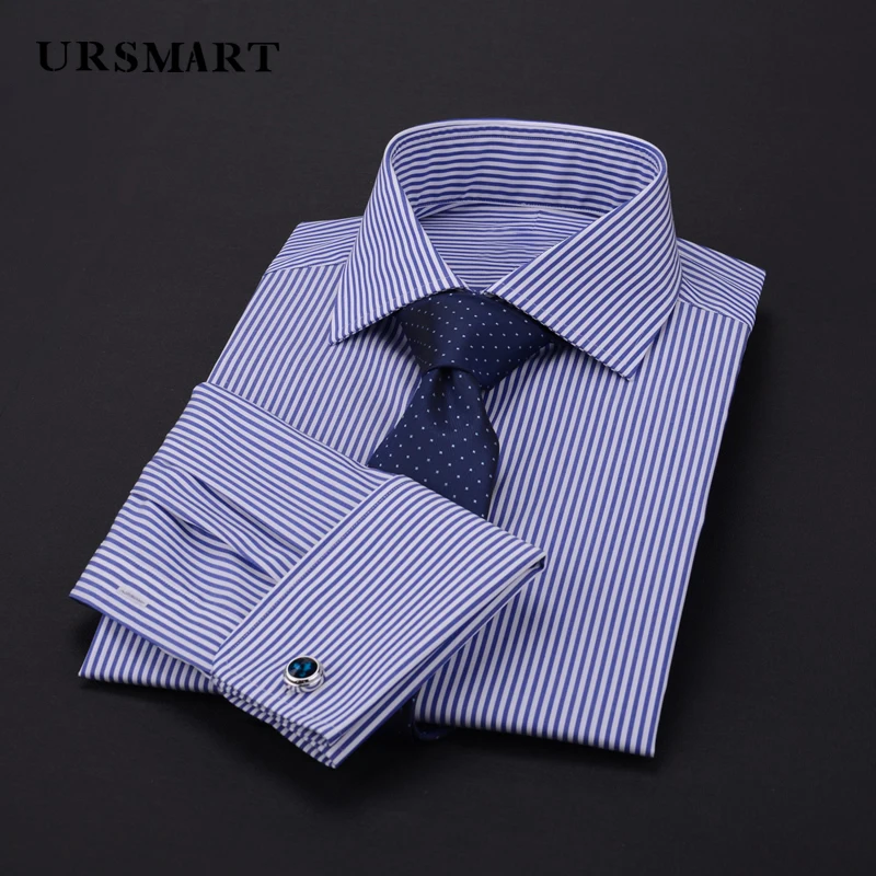 Camisa con puños franceses para hombre, camisa de 100% algodón a rayas, ajustada, para gerente de negocios, cuello recto, de manga larga, británica