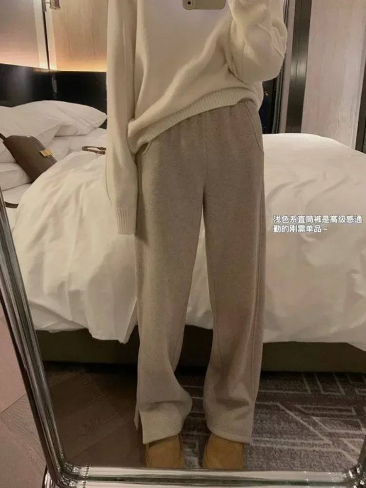 Women Pants Autumn Winter Thickening High Waisted Wool Wide Leg Pants Women Fashion Chevron Lengthening Leg Opening Floor Length