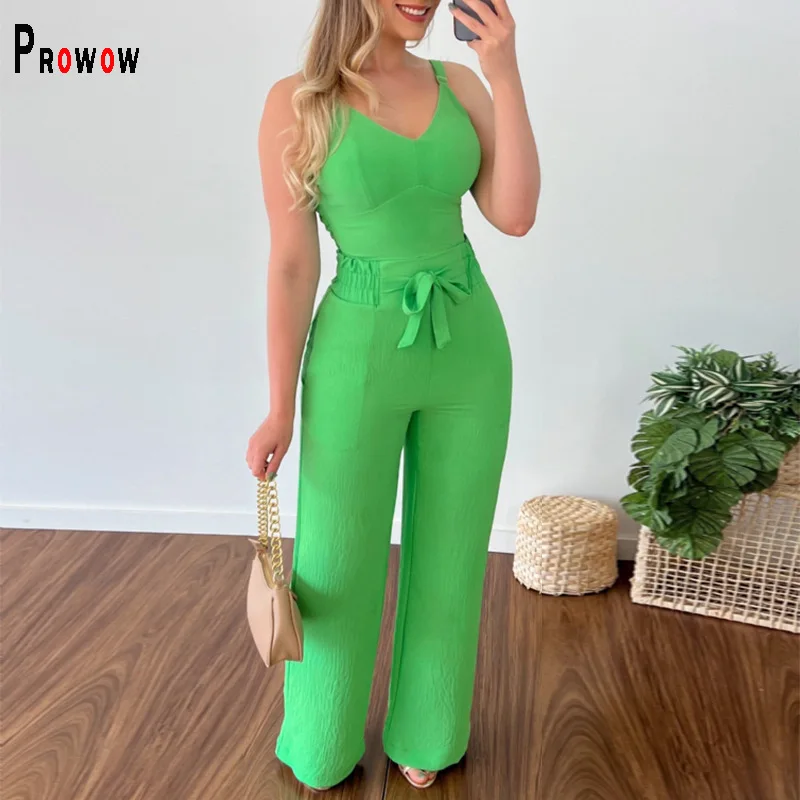 Prowow Fashion Two Piece Women Suits Cropped Tops High Waisted Wide Leg Pant Solid Color Clothing Set 2024 New Design Streetwear