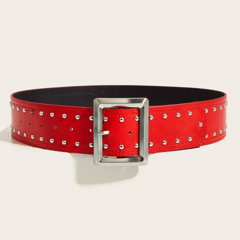 

Western Punk Rivet Dsign Wide 5.8cm Red Pin Buckle PU Leather Women Waistband Belt Fashion Dress Shorts Belt for Ladies