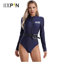 Womens Dirty Cop Policewoman Costume Long Sleeve Print Zipper Bodysuit+Belt+Purse Set Police Uniform Suit for Halloween Cosplay