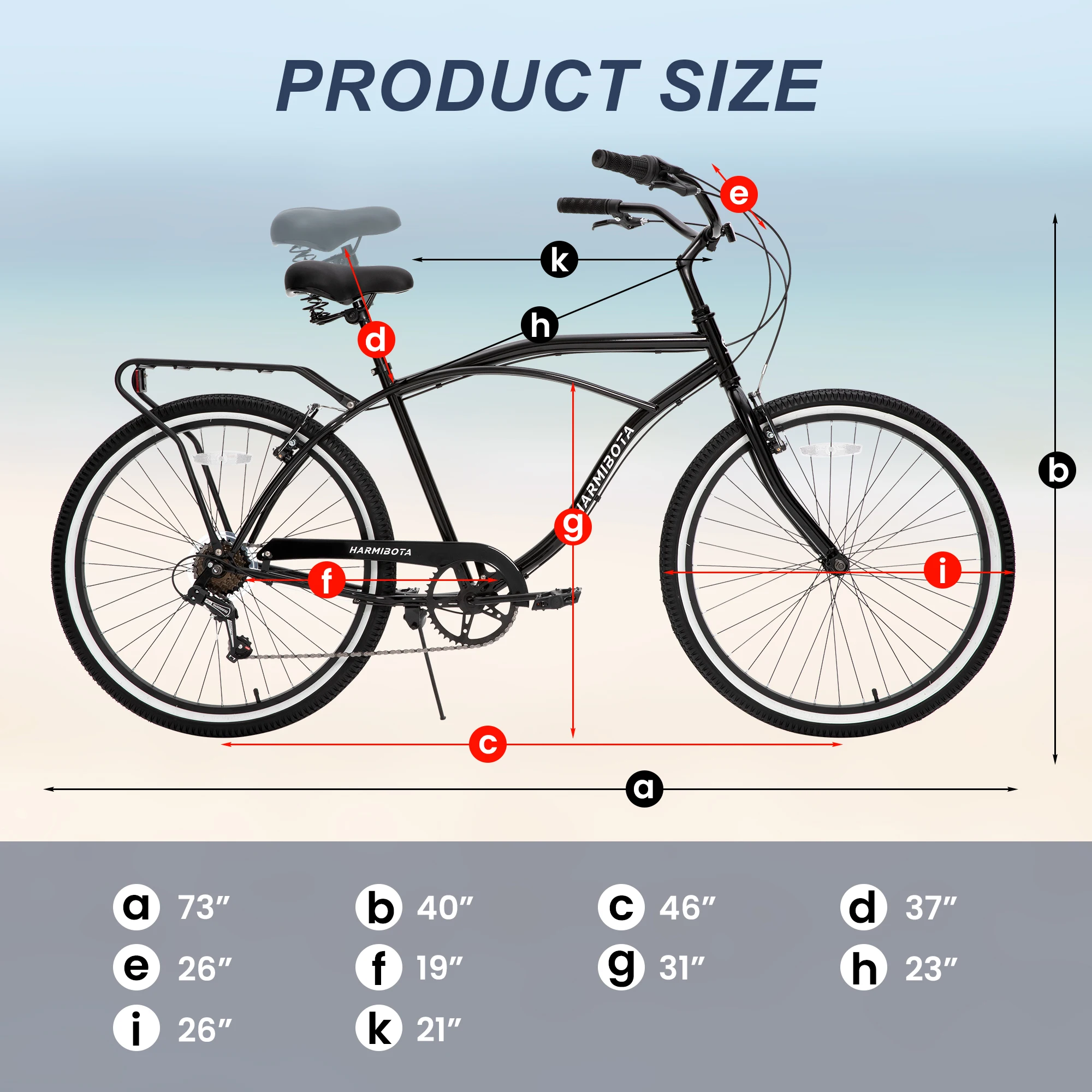 26 inch 7 speed beach bike, steel frame, upright comfortable seat, U-brake, multi-function rear rack, , unisex