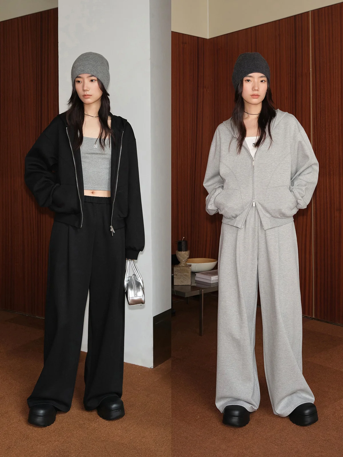 

Вязаный свитшот с двойной головкой и молнией с капюшоном и вышивкой, плиссированные спортивные штаны с эластичной резинкой на талии, женский модный комплект, повседневный Sle Co...