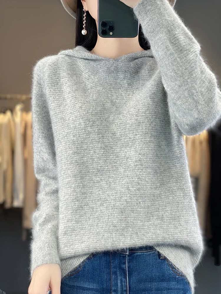 100% Mink Cashmere Hooded Sweater Women\'s New Knitted Pullover Fashion Loose Large Size Hoodie Autumn Long-Sleeved Thick Blouse