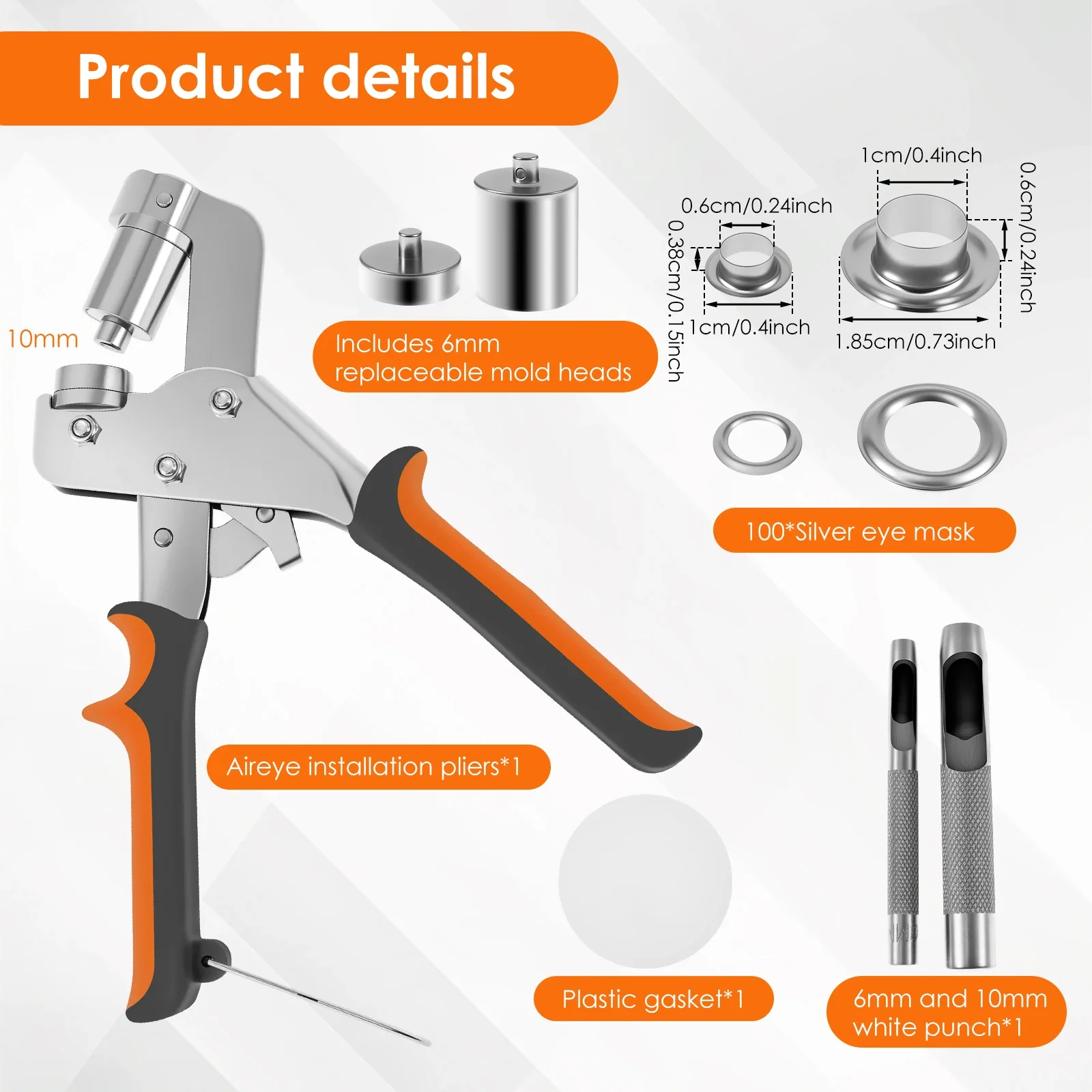 Heavy Duty Grommet Tool Kit Safe Handheld Eyelet Pliers Kit Grommet Hand Press Set with 200 Eyelet for Leather Belt Fabric Tarp