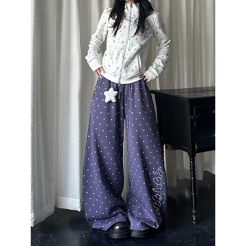 American Retro Star Print Curved Knife Casual Pants Women Summer New Dstring Loose Drapey Wide Leg Trousers Trendy