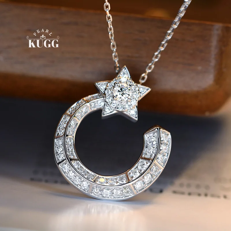 

KUGG 100% 18K White Gold Necklace Romantic Star Design 0.38carat Real Natural Diamond Pendant Necklace for Women Birthday Gift