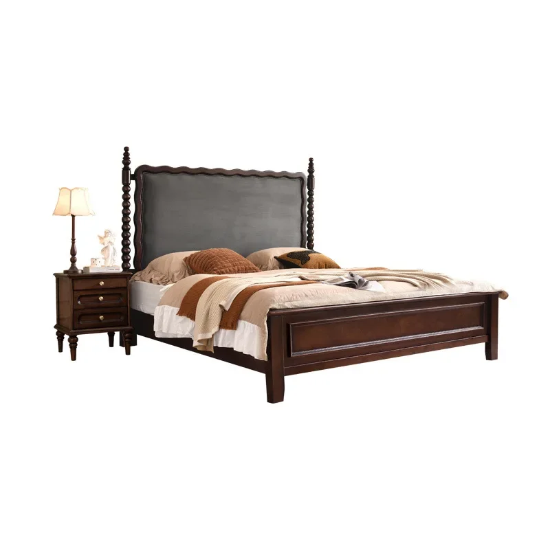 

American rural medium and antique solid wood bed, modern simple retro master bedroom soft bag bed