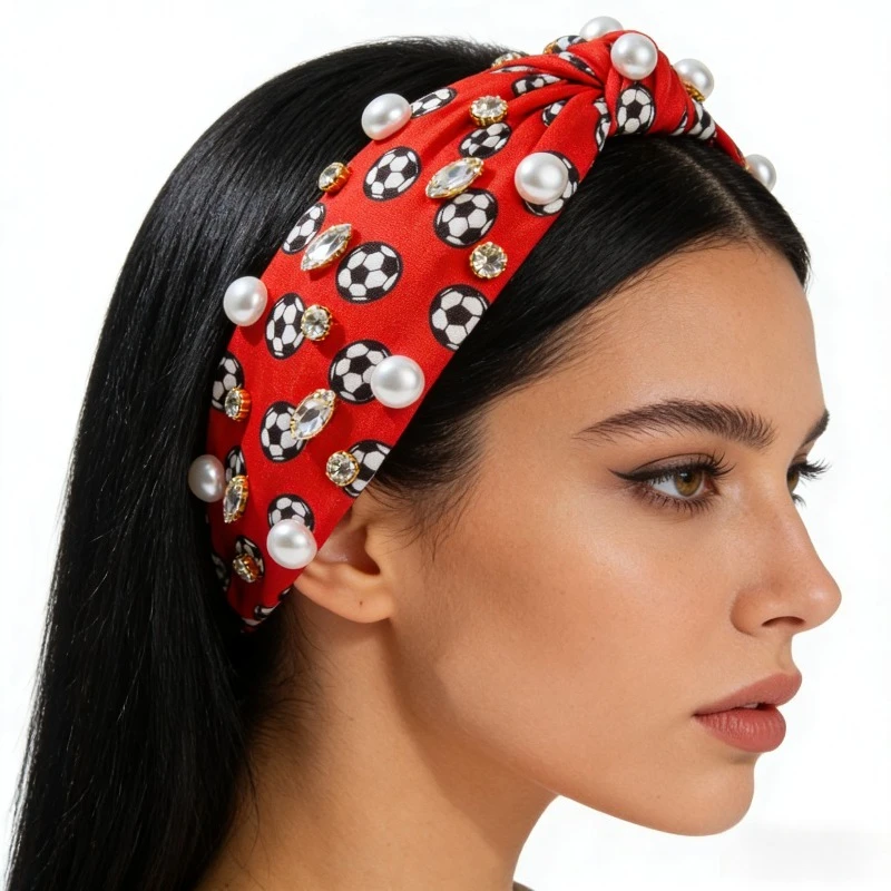 

1pcs Fashion Sports Style Hairband Football Basketball Print Imitation Pearl Crystal Inlay Design Decorative Hair Accessory