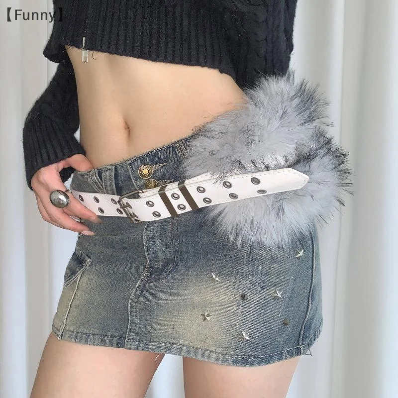เข็มขัดหนัง PU ประดับหมุดและขนสัตว์เทียม สไตล์สาวหวานสุดแซ่บ สายคาดเอวขนปุยสไตล์เกาหลี ตกแต่งกางเกงยีนส์ เข็มขัดเอว Y2K