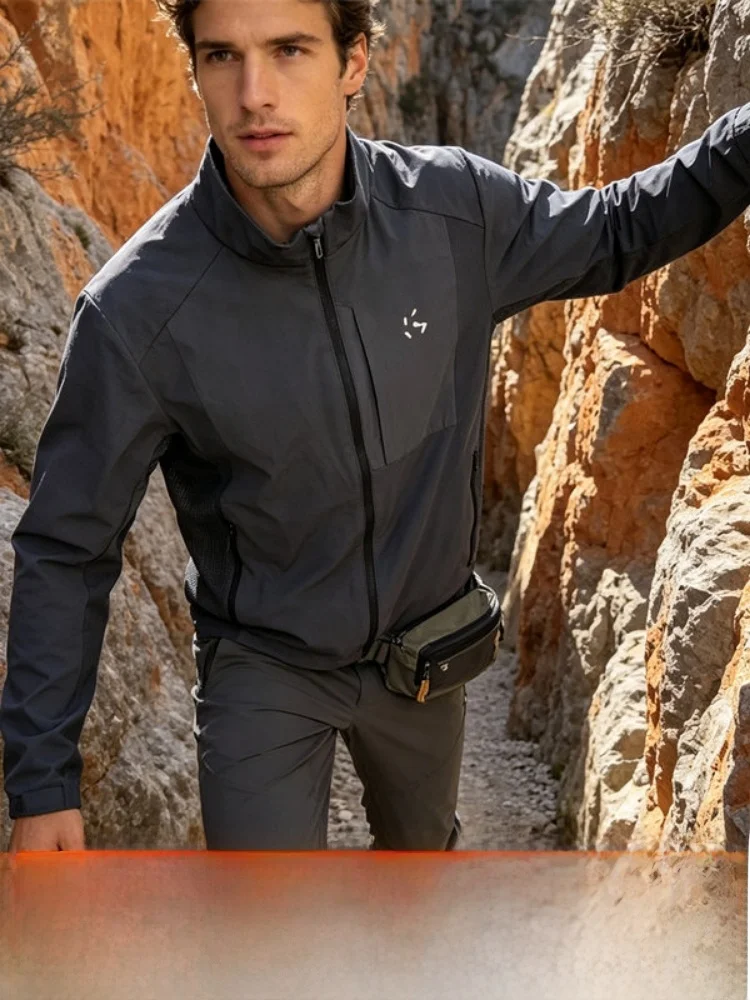 Functional Windproof Outdoor Softshell Jacket Unisex Spring Autumn Mesh  Long Sleeve Stand Collar Polyester Fiber