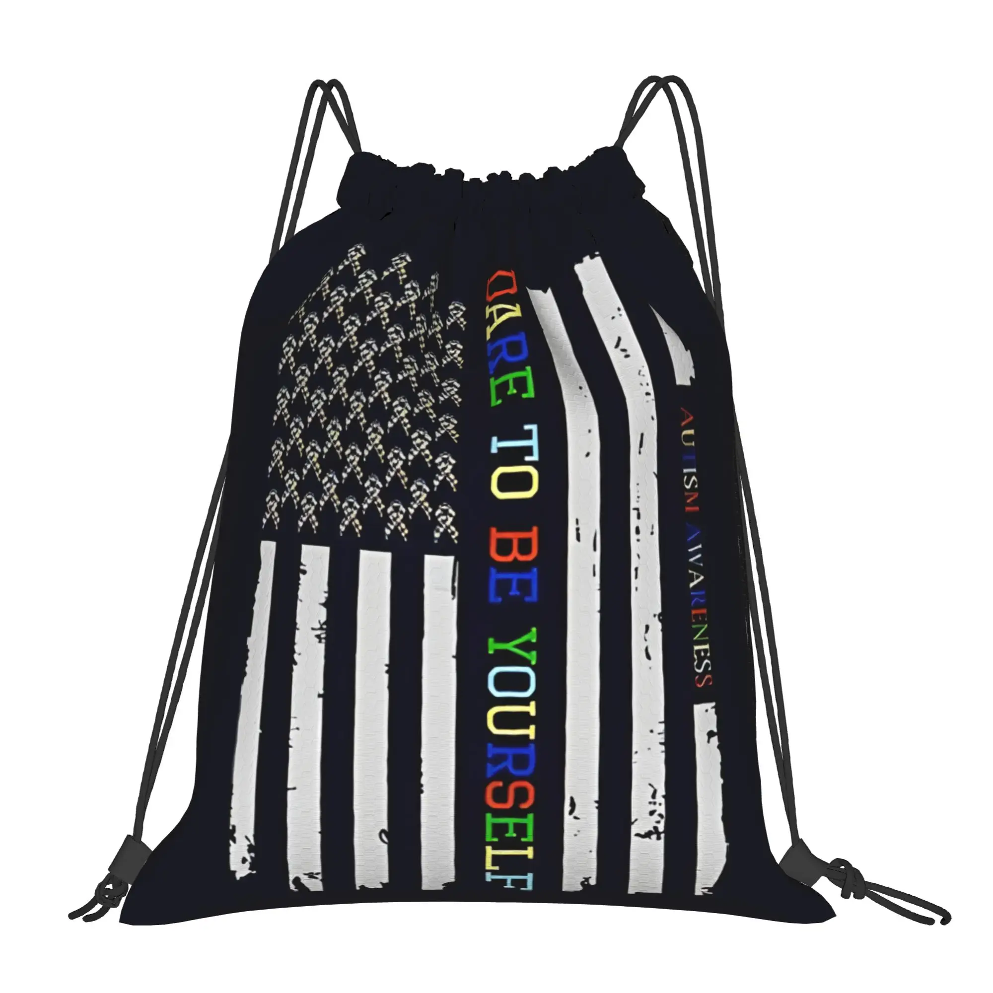 Dare To Be Yourself   Autism Awareness American Flag  Drawstring Bags Sports Unisex Storage Organize Bundle Pocket Rope Bag