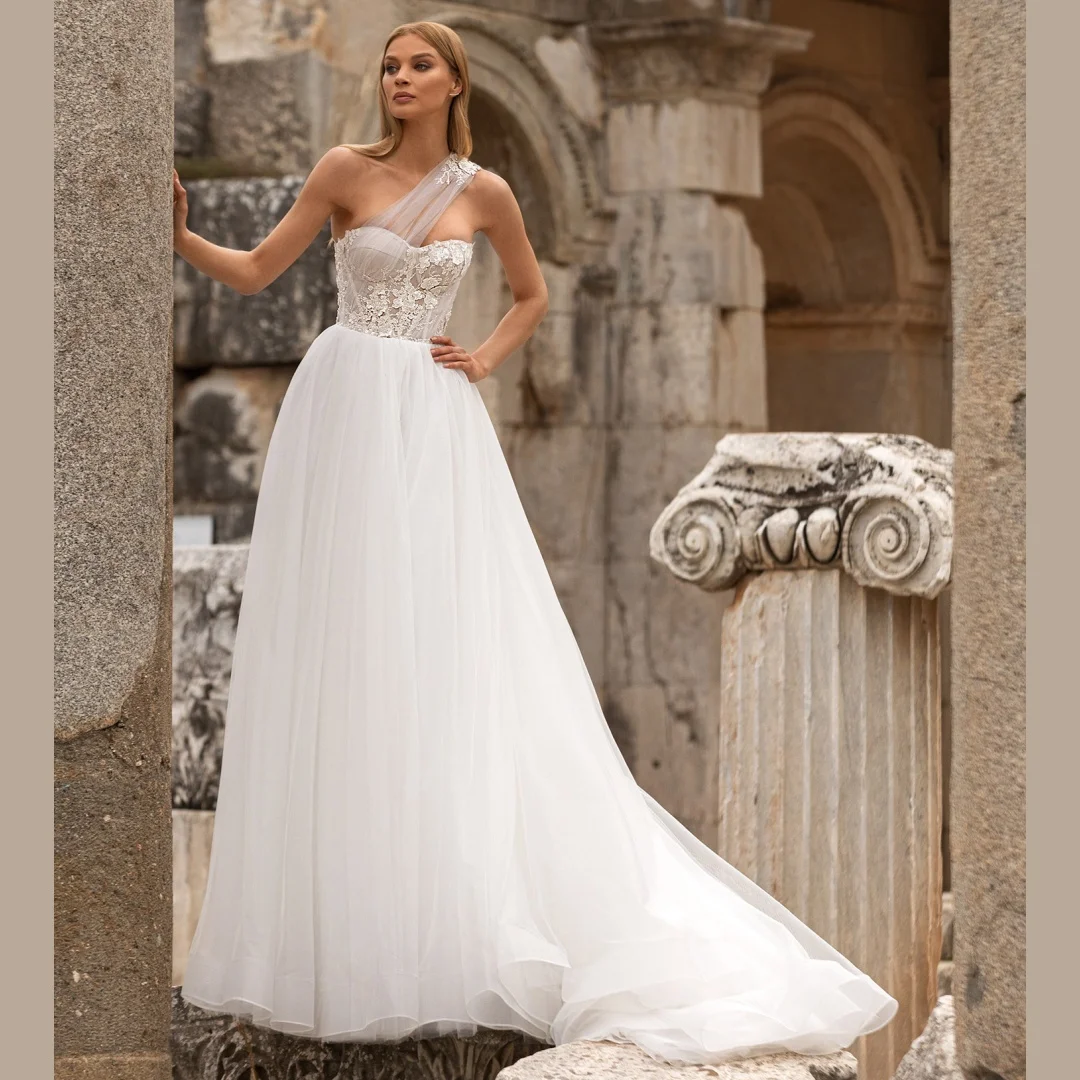 

One-Shoulder Sweetheart Floral Wedding Dresses Tulle Appliques Corset A-line Evening Dress Christmas 2026Party Bridal Gowns