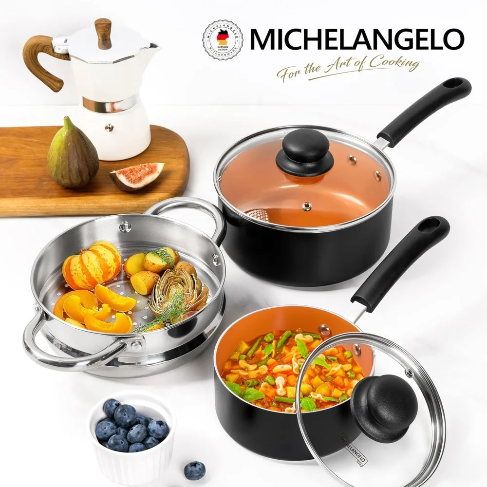 

MICHELANGELO Non-stick Cooking Pot with Lid, 1QT and 2QT Ceramic Pot Set (with Steamer), Small Copper Pot Set, PFAS Free