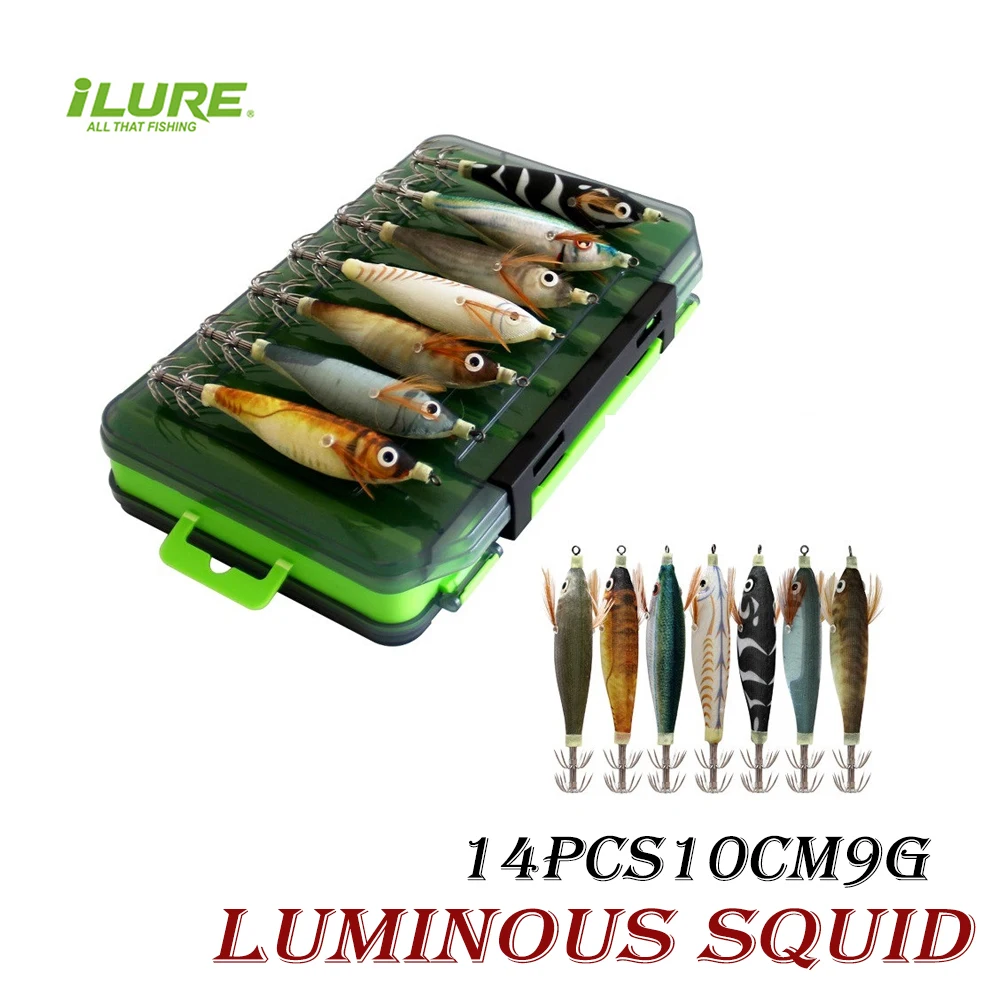 14Pcs Fishing Lure Luminous Wood Shrimp Squid Jig Hook With Box Artificial Lures Octopus Cuttlefish Shrimp Saltwater Hard Bait