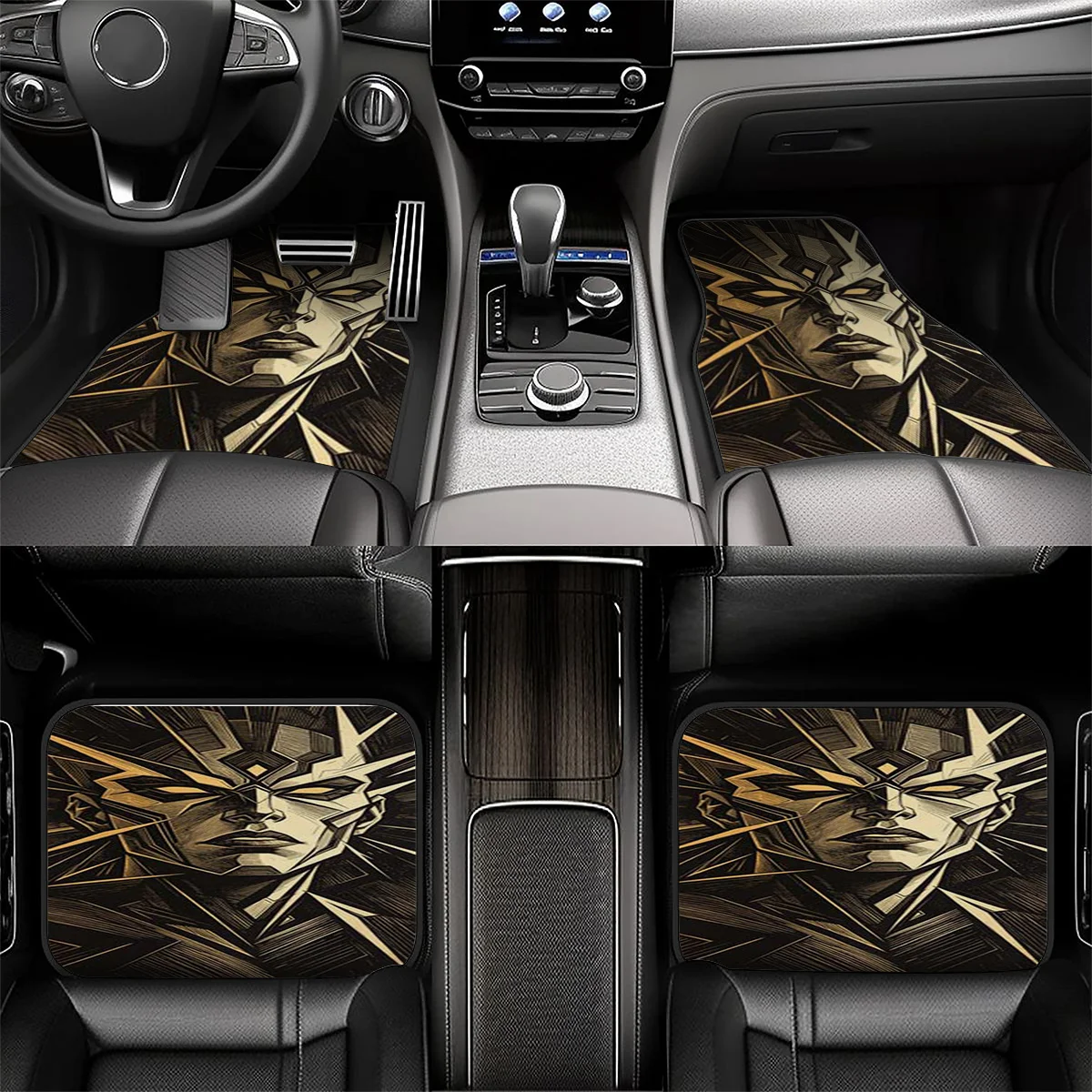 5pcs Car Floor Mats, Trunk Liner Featuring A Geometric Design Of A Future Warrior Mask, 