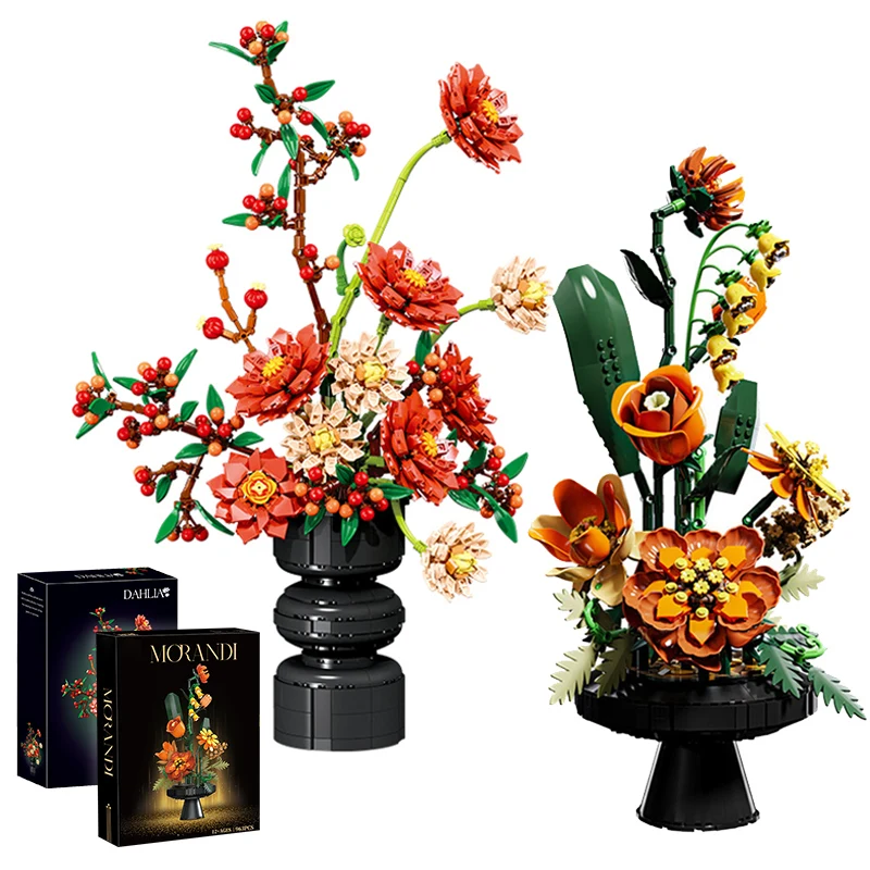 Creative Dahlia Chrysanthemum Flowers Building Blocks Morandi Eternal Flower Potted Plant Bricks Decoration Toys Valentine Gift