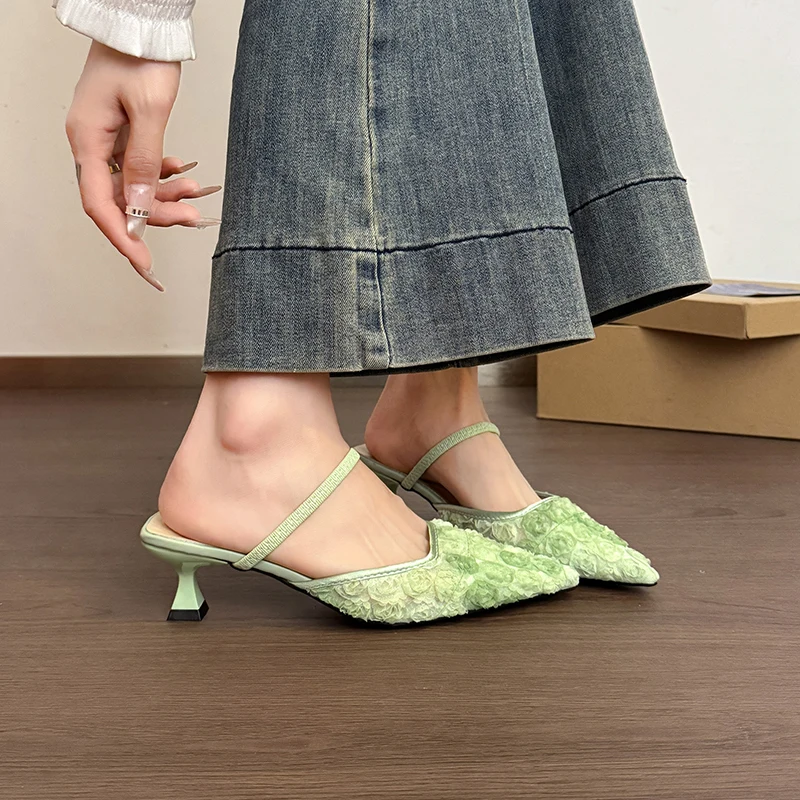 3D Rose Rhinestone Strap Kitten Heel Mules Women Pointed Toe Slip on Summer Casual Elegant Comfortable Sandalias Mujer