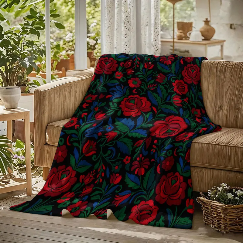 Folk Red Rose Embroidery Flannel Blanket Warm Soft Halloween Christmas Decorative Couch Warm Cozy All-Season Gift