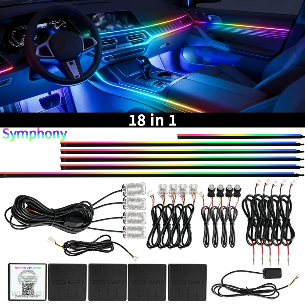Symphony Car Ambient Lights Kit 18 in 1 LED Interior RGB APP Control Acrylic Guide Strip Light Auto Atmosphere Lamp image 3