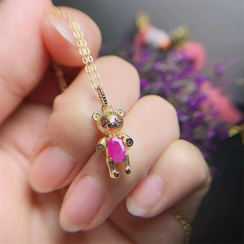 Natural Gemstone Ruby Bear Shape Pendant Necklace for Women Girl Pure 925 Sterling Silver 18K Yellow Gold Plated Cute