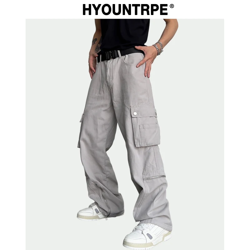 Hip Hop Cargo Pants Mens Baggy Side Pockets Joggers Harajuku  Streetwear Unisex Casual Bottom Zipper Loose Straight Trousers