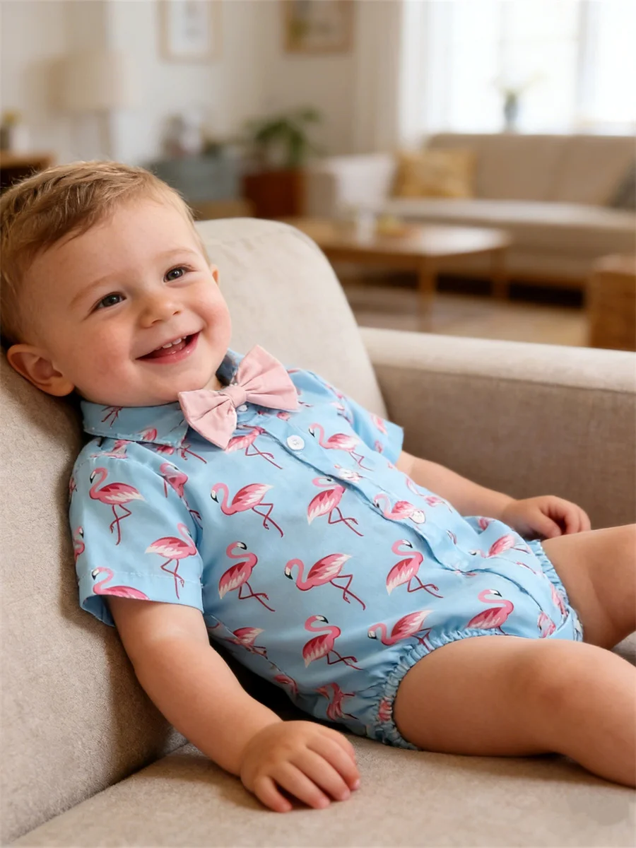 2026 Summer Baby Boys Bodysuits Cute Cartoon Printed Short Sleeve Lapel Shirts Romper with Bow-tie Infant Gentleman Clothes
