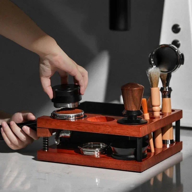 JUSTINLAU Spring Coffee Tamper Holder with Knock Box Dual-layer Wood Distributor Universal Portafilter&Puck Screen Storage Base